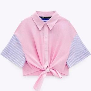 Zara Striped Contrast color block poplin crop Front Tie Blouse Size S